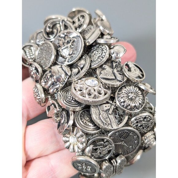 Vintage Silver Tone Button Cluster Wide Stretch Bracelet 6.5" - Picture 6 of 9